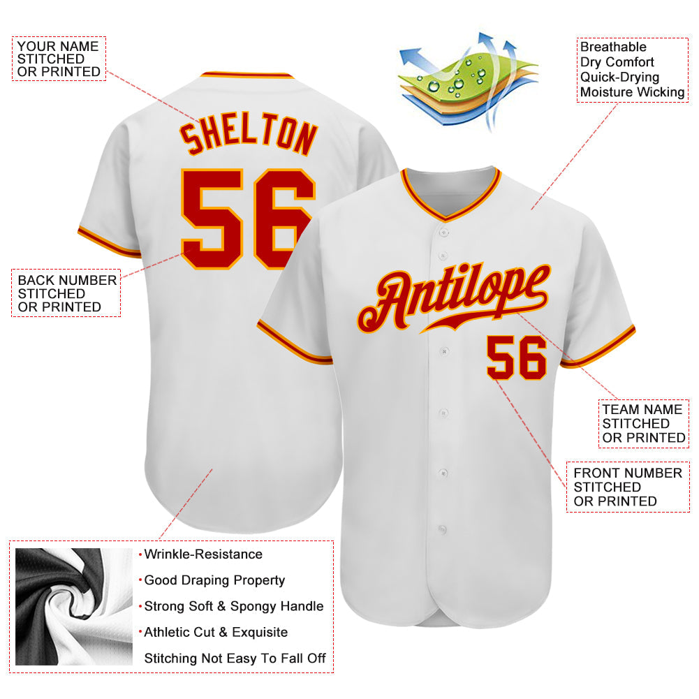Custom White Red-Gold Authentic Baseball Jersey view 3