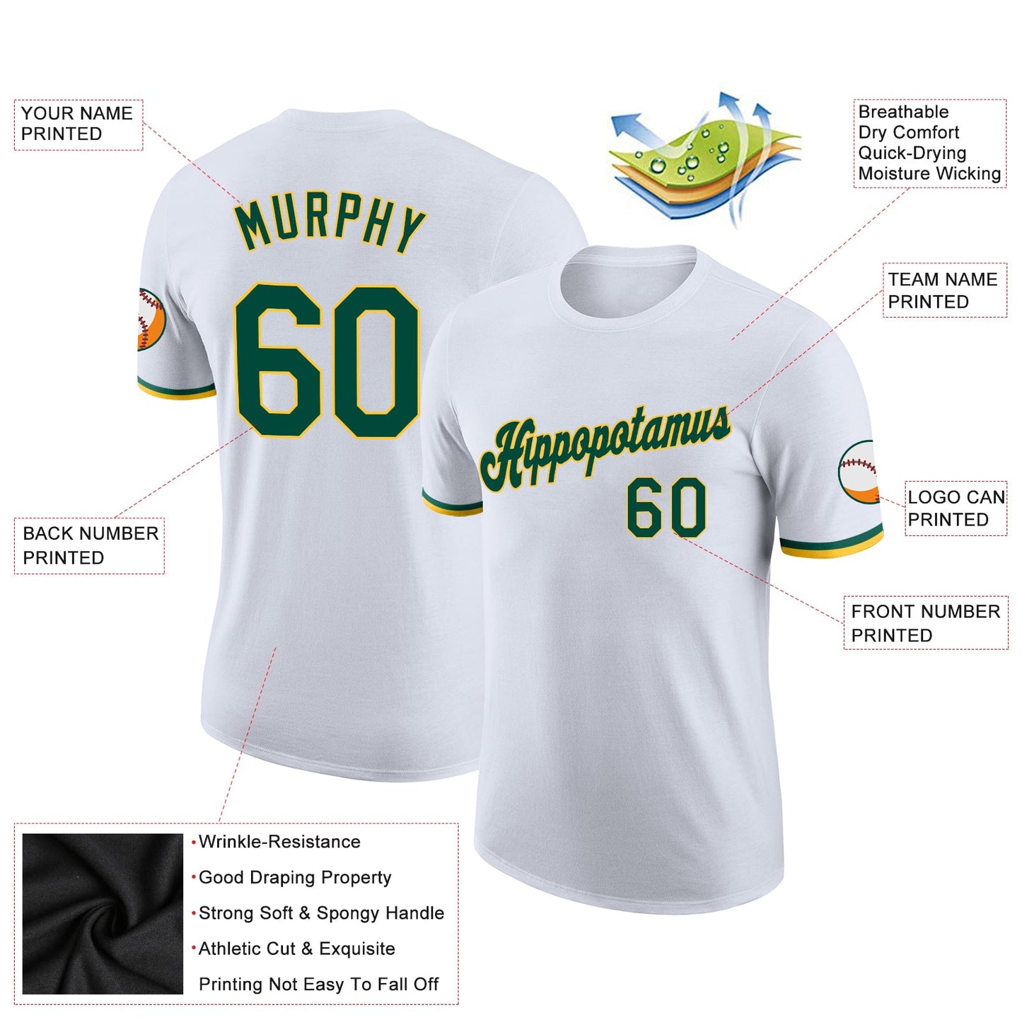 Custom White Green-Gold Performance T-Shirt view 2