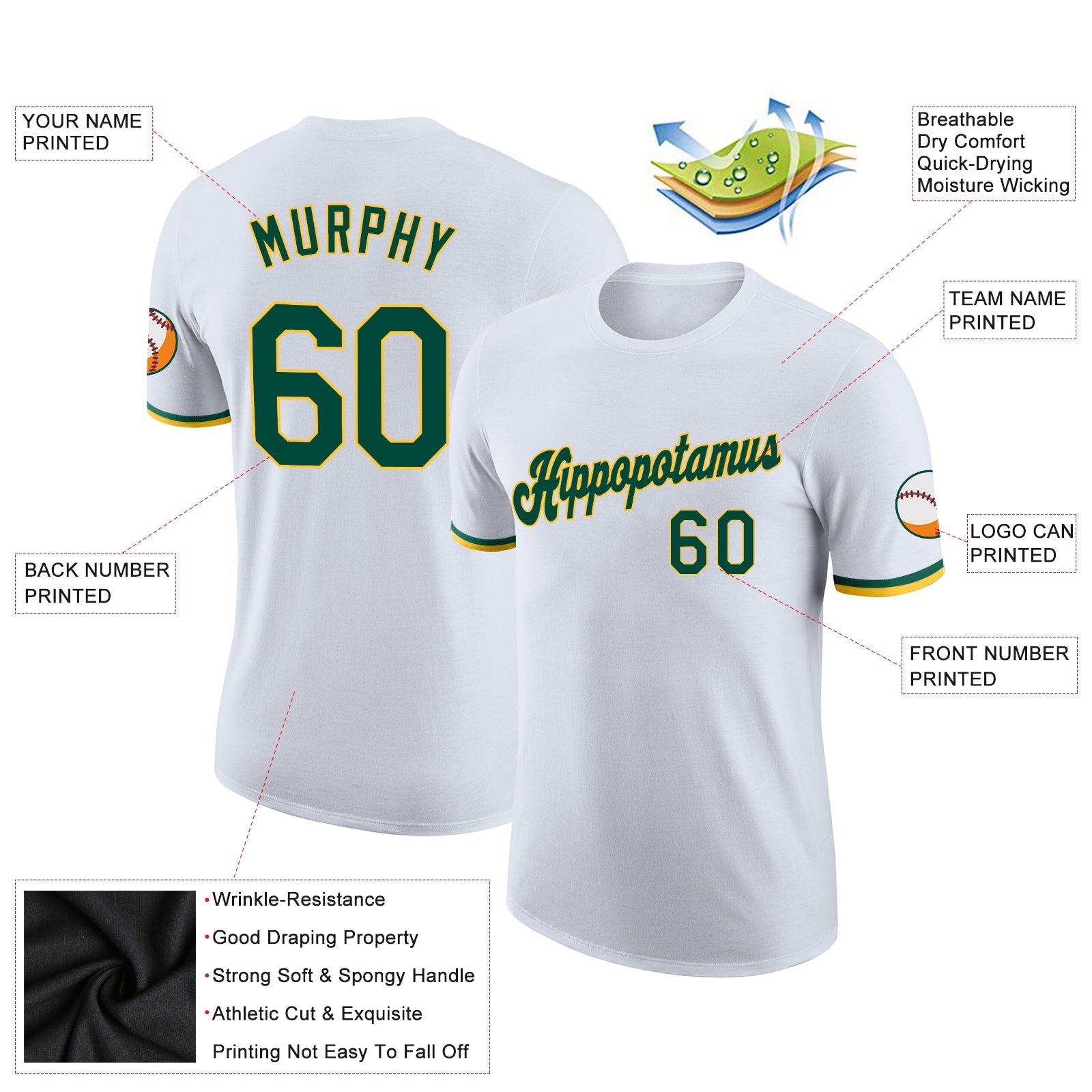 Custom White Green-Gold Performance T-Shirt view 2