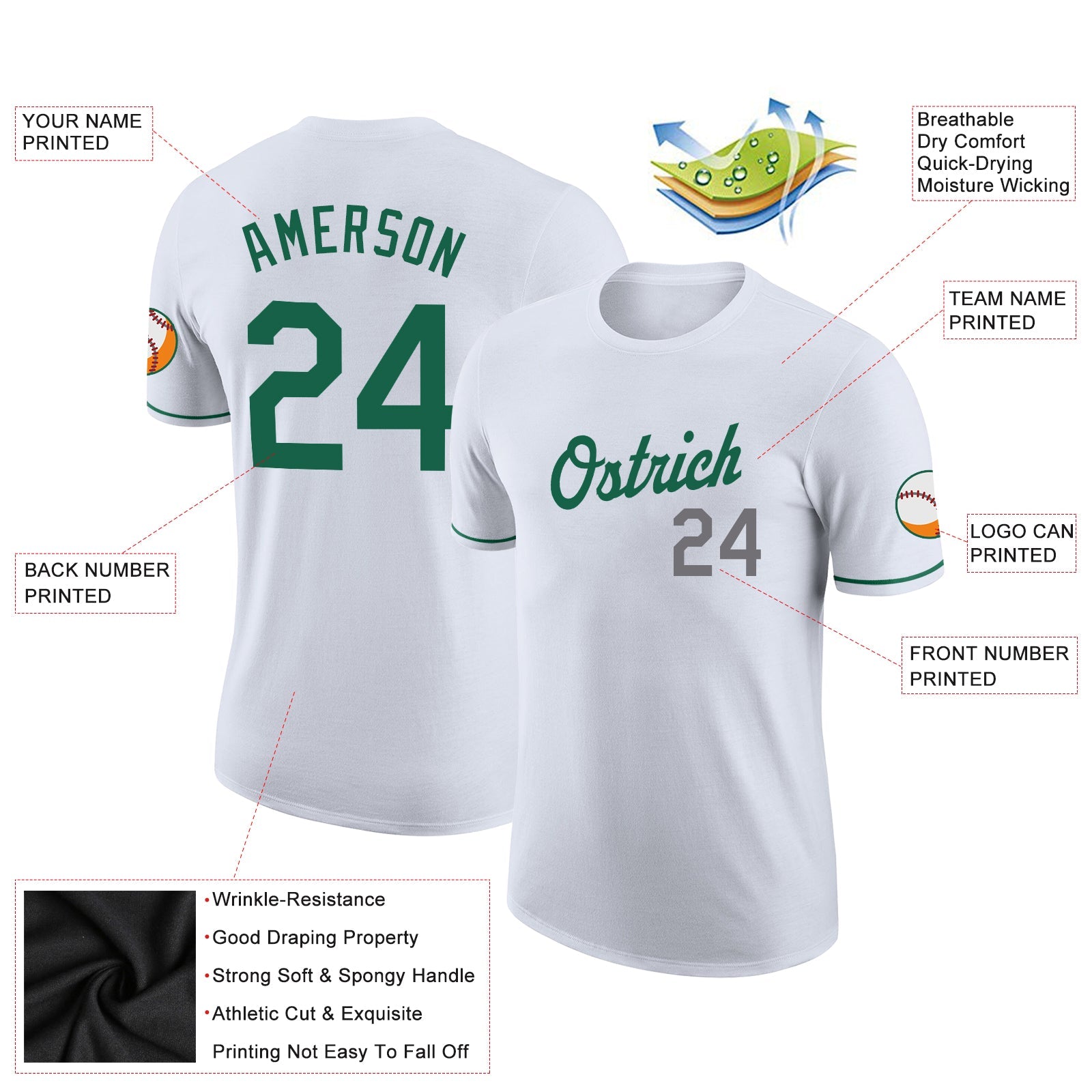 Custom White Kelly Green-Gray Performance T-Shirt view 3