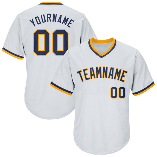 Custom White Navy-Gold Authentic Throwback Rib-Knit Baseball Jersey Shirt - Main View