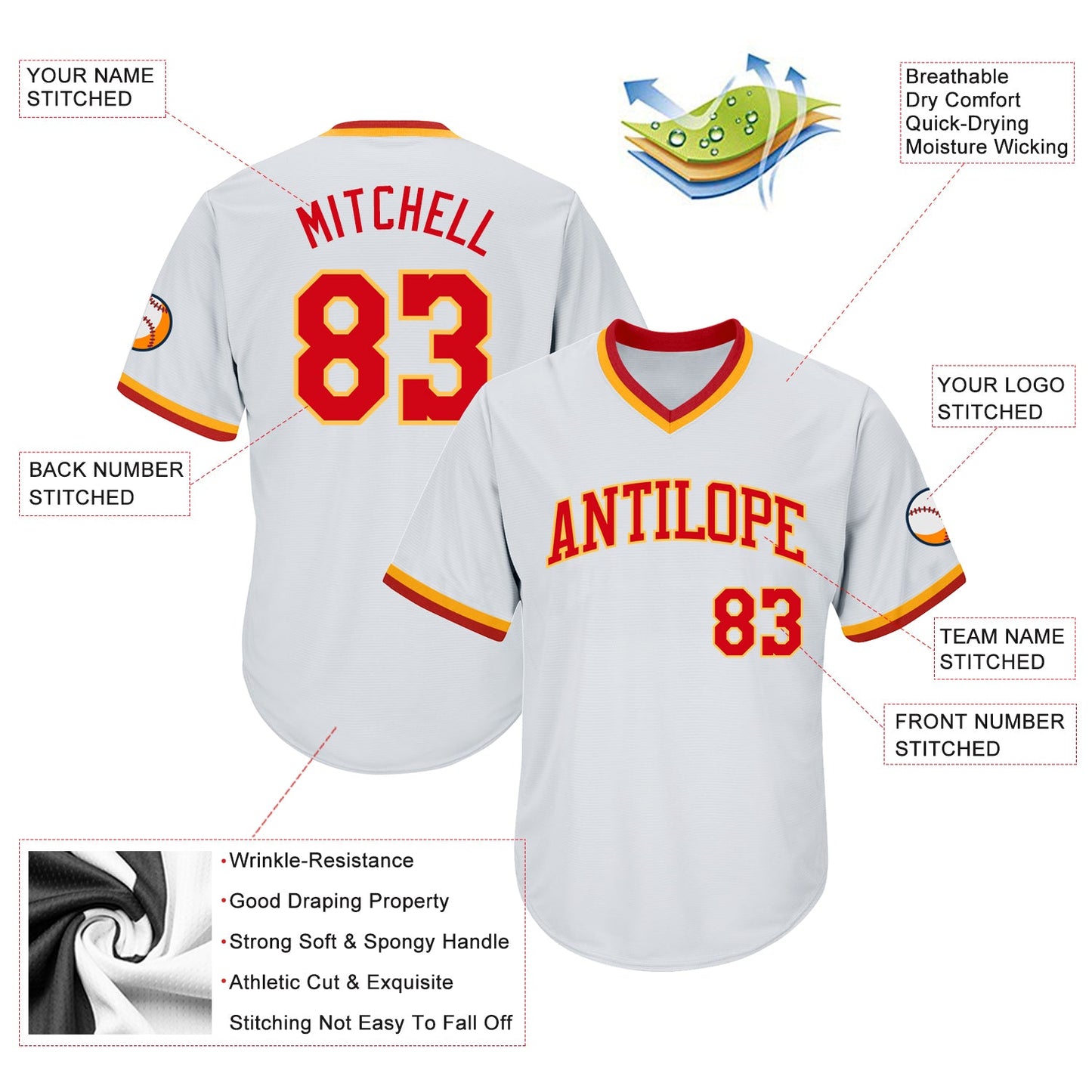 Custom White Red-Gold Authentic Throwback Rib-Knit Baseball Jersey Shirt view 4