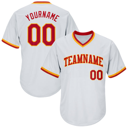Custom White Red-Gold Authentic Throwback Rib-Knit Baseball Jersey Shirt - Main View