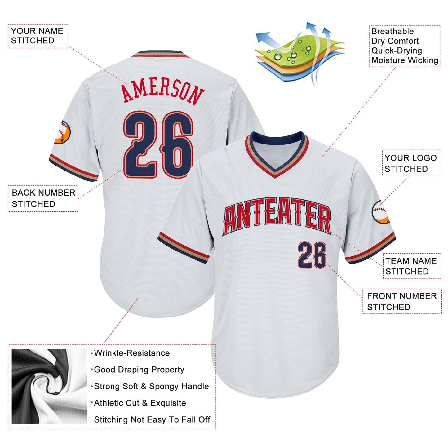 Custom White Navy-Red Authentic Throwback Rib-Knit Baseball Jersey Shirt view 4
