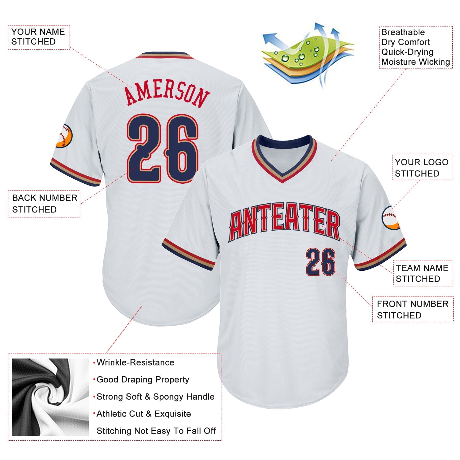 Custom White Navy-Red Authentic Throwback Rib-Knit Baseball Jersey Shirt view 4