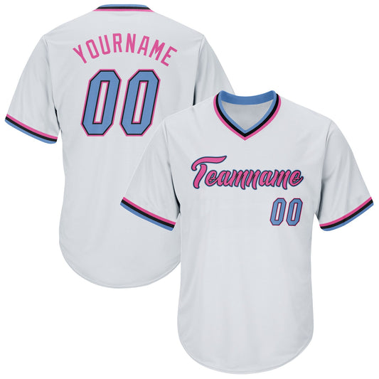 Custom White Light Blue-Pink Authentic Throwback Rib-Knit Baseball Jersey Shirt - Main View
