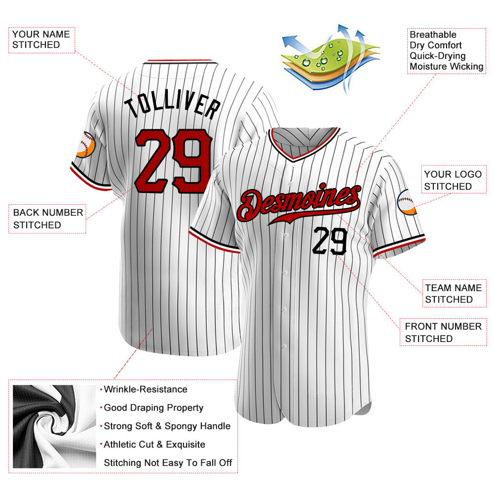 Custom White Black Pinstripe Red-Black Authentic Baseball Jersey view 4