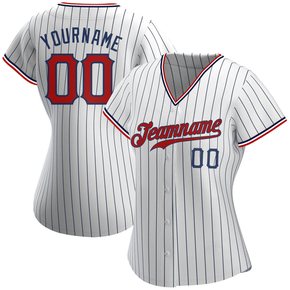 Custom White Navy Pinstripe Red-Navy Authentic Baseball Jersey view 2