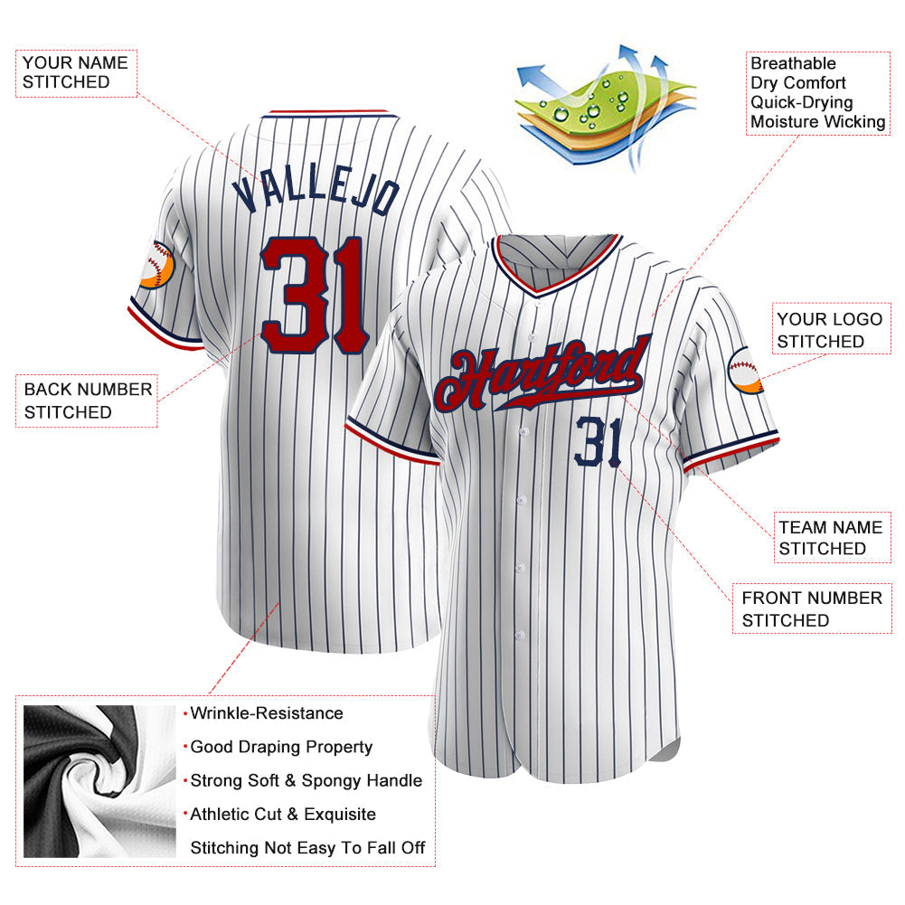 Custom White Navy Pinstripe Red-Navy Authentic Baseball Jersey view 3