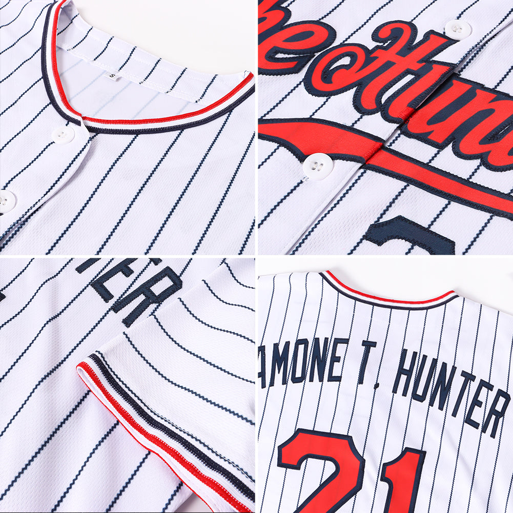 Custom White Navy Pinstripe Red-Navy Authentic Baseball Jersey view 6