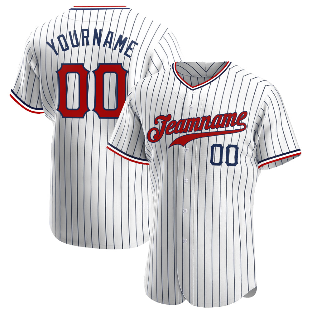 Custom White Navy Pinstripe Red-Navy Authentic Baseball Jersey - Main View