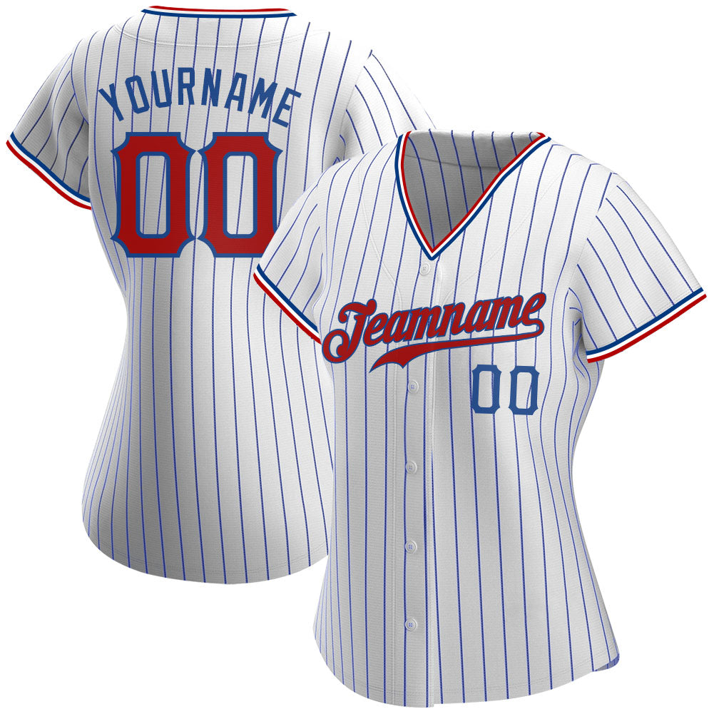 Custom White Royal Pinstripe Red-Royal Authentic Baseball Jersey view 2