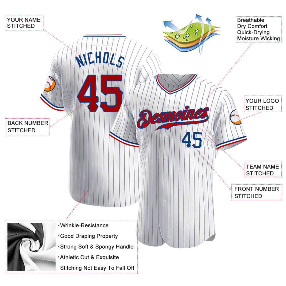 Custom White Royal Pinstripe Red-Royal Authentic Baseball Jersey view 3