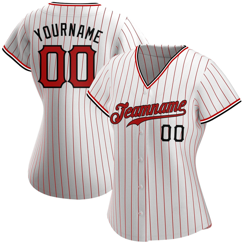 Custom White Red Pinstripe Red-Black Authentic Baseball Jersey view 2