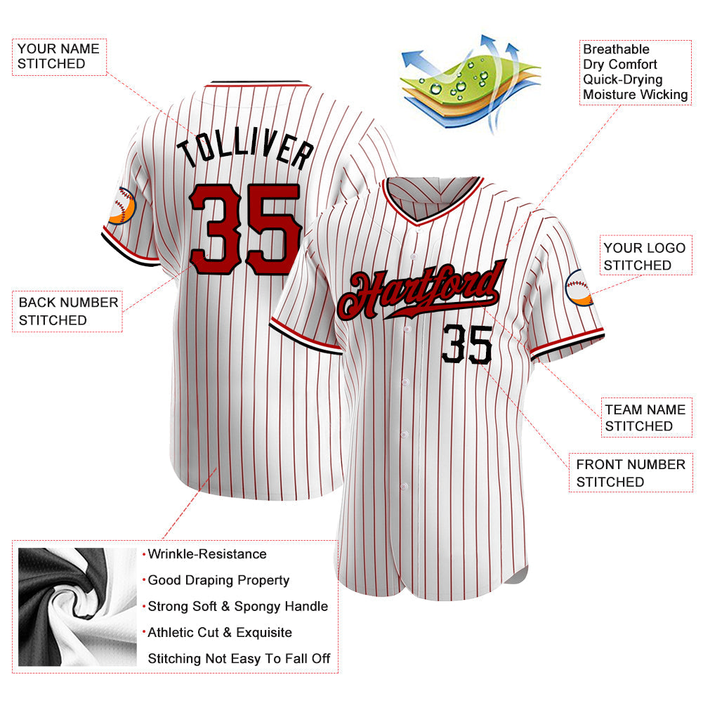 Custom White Red Pinstripe Red-Black Authentic Baseball Jersey view 3