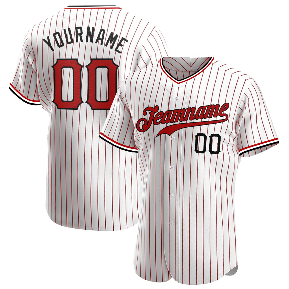 Custom White Red Pinstripe Red-Black Authentic Baseball Jersey - Main View