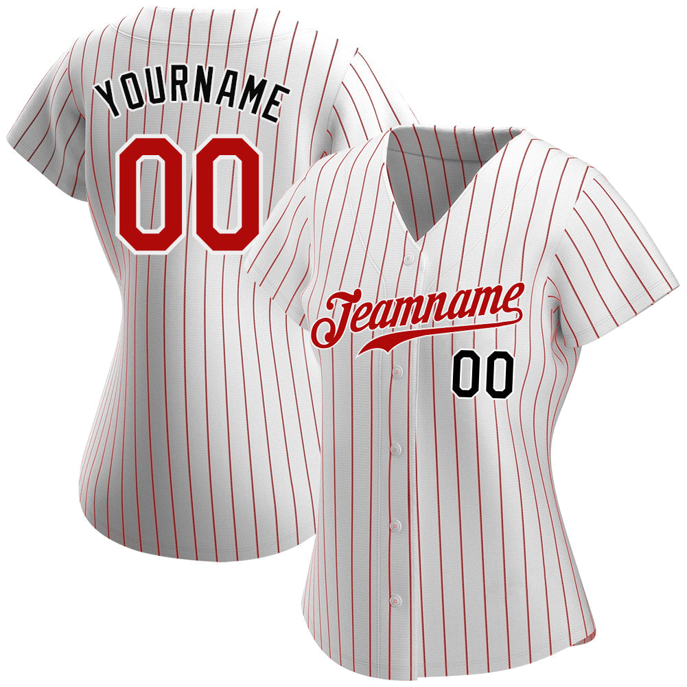 Custom White Red Pinstripe Red-Black Authentic Baseball Jersey view 2