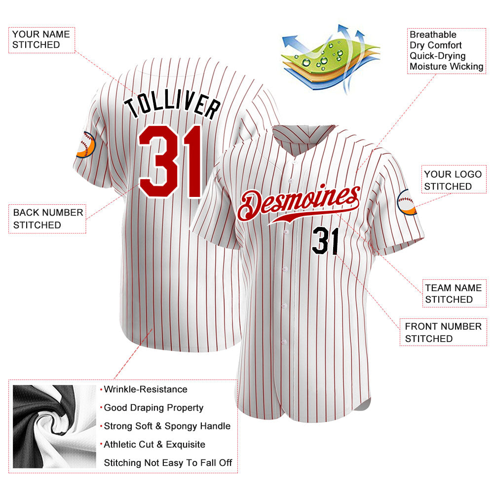 Custom White Red Pinstripe Red-Black Authentic Baseball Jersey view 3