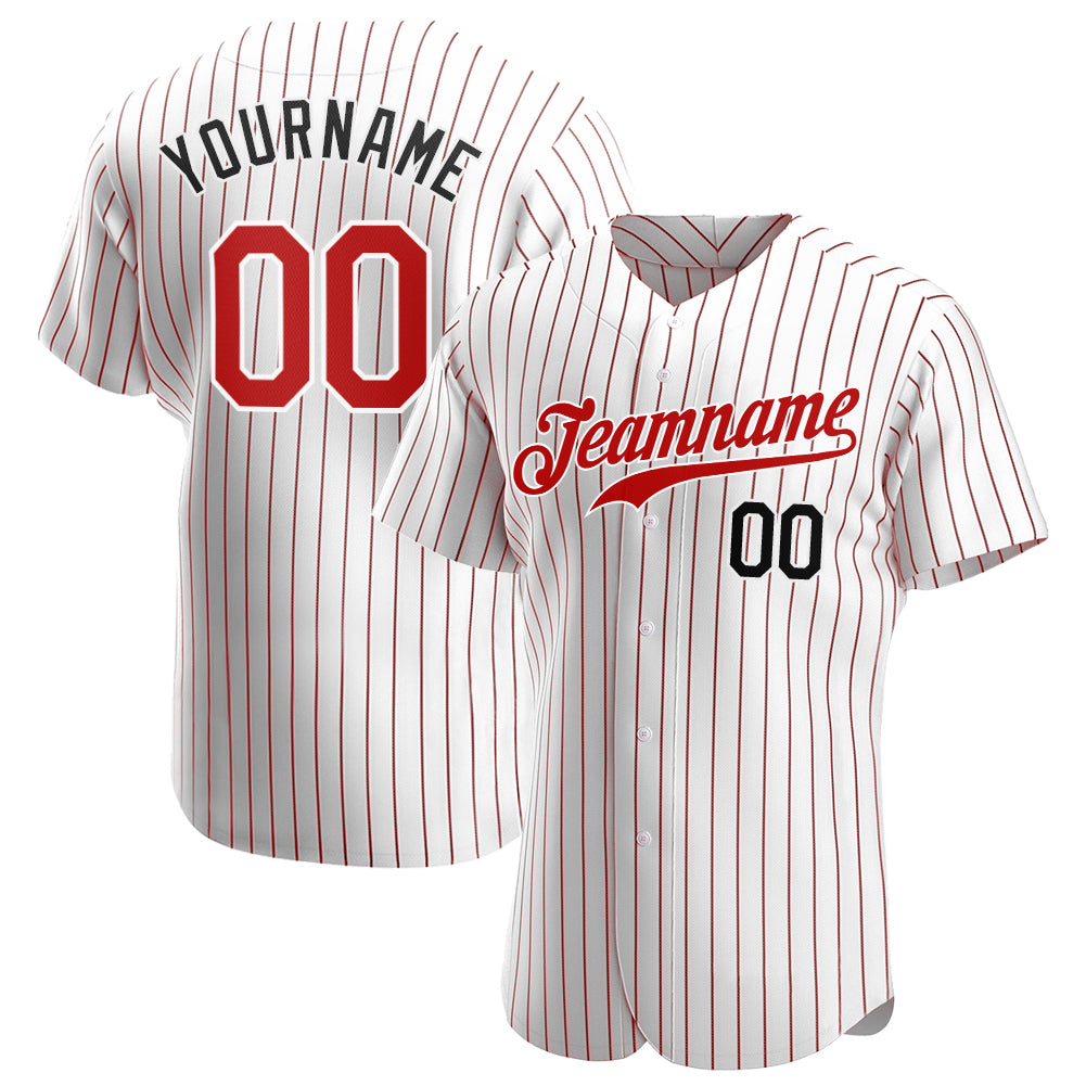 Custom White Red Pinstripe Red-Black Authentic Baseball Jersey - Main View