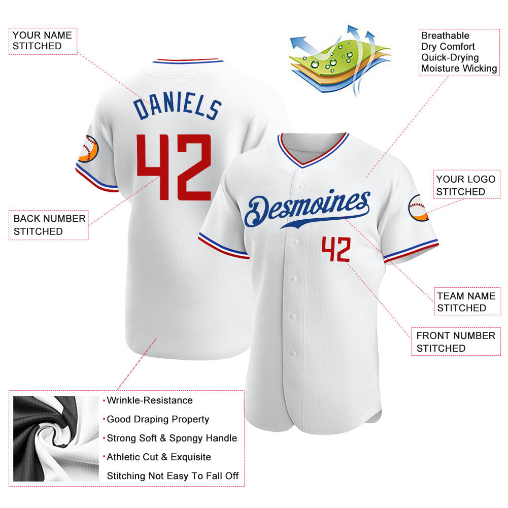 Custom White Red-Royal Authentic Baseball Jersey view 3