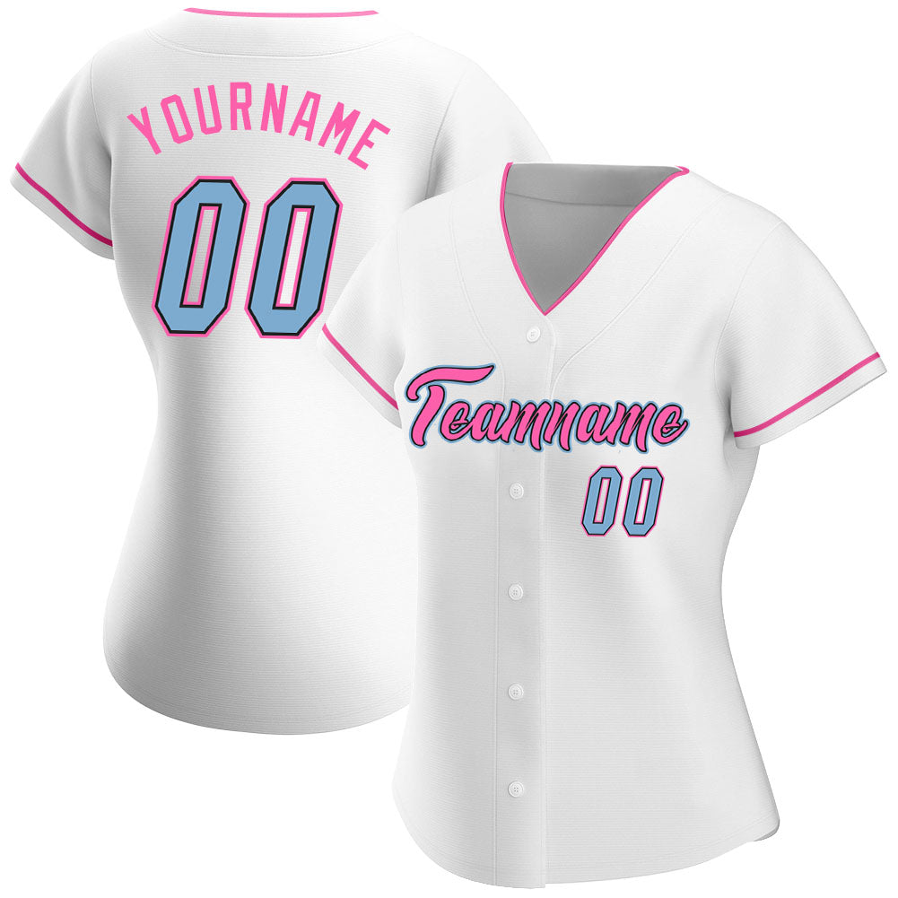 Custom White Light Blue-Pink Authentic Baseball Jersey view 2