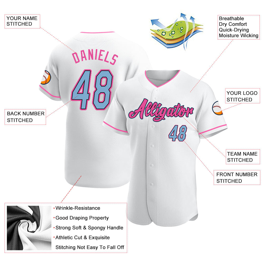 Custom White Light Blue-Pink Authentic Baseball Jersey view 3