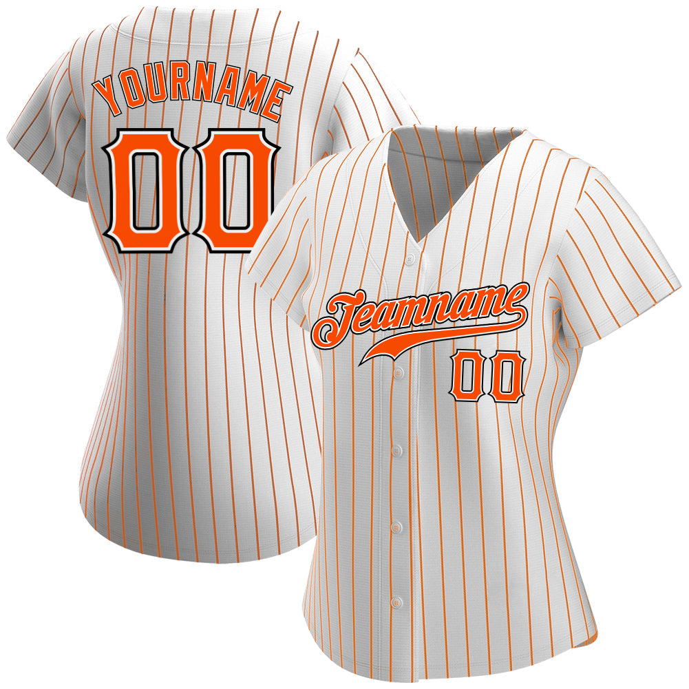 Custom White Orange Pinstripe Orange-Black Authentic Baseball Jersey view 2