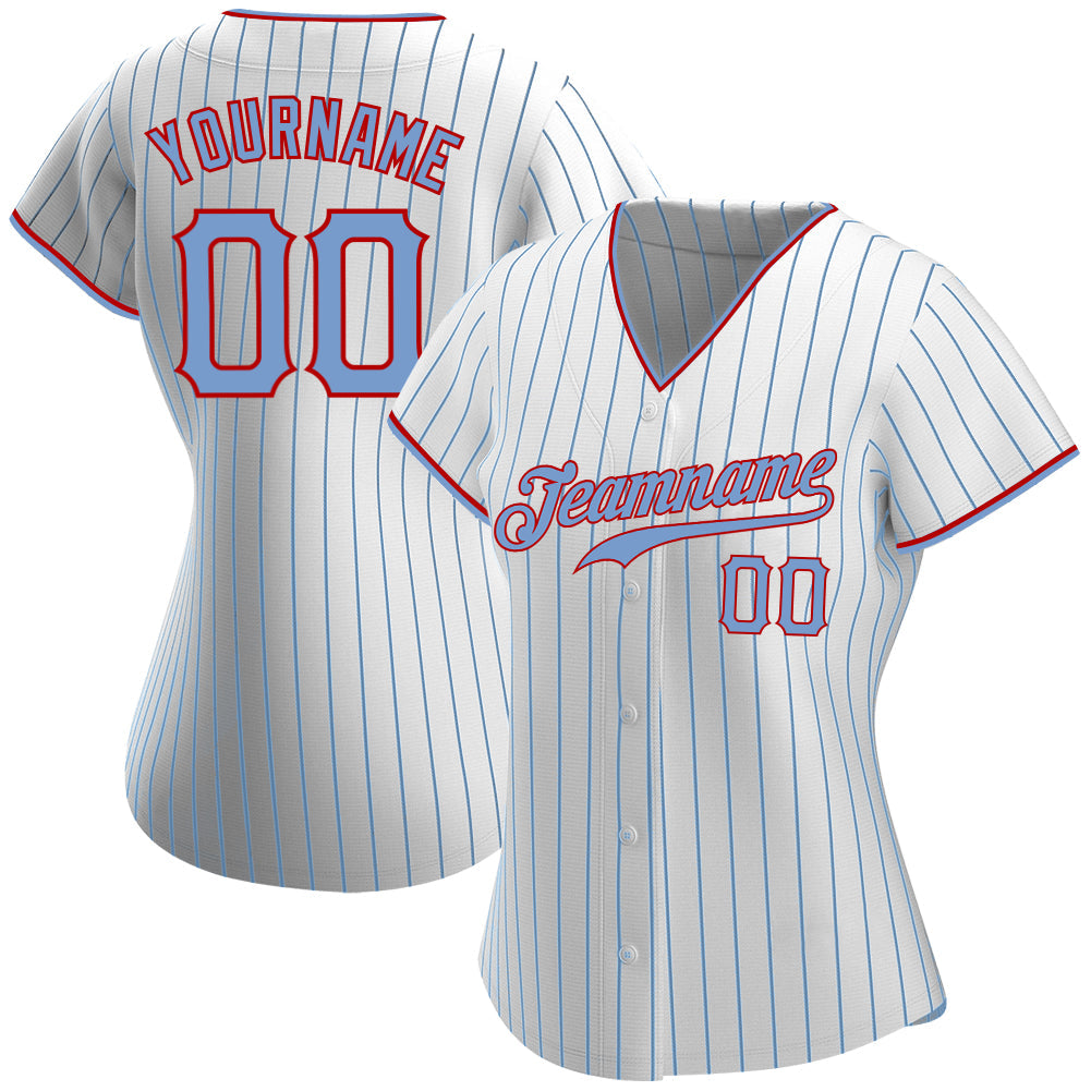 Custom White Light Blue Pinstripe Light Blue-Red Authentic Baseball Jersey view 2