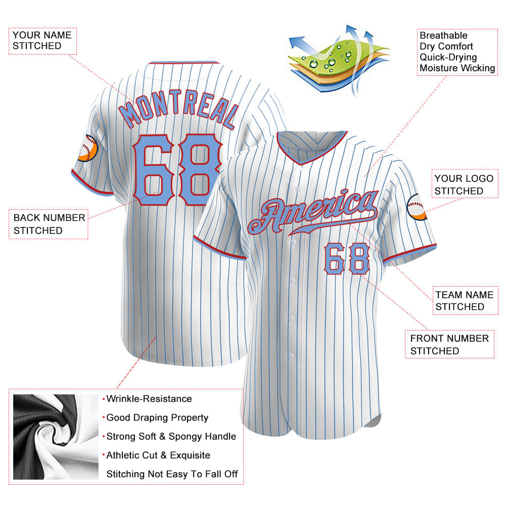 Custom White Light Blue Pinstripe Light Blue-Red Authentic Baseball Jersey view 3