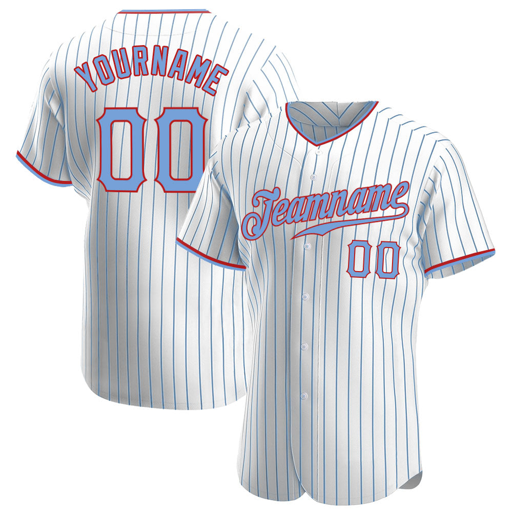 Custom White Light Blue Pinstripe Light Blue-Red Authentic Baseball Jersey - Main View