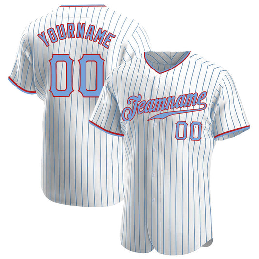 Custom White Light Blue Pinstripe Light Blue-Red Authentic Baseball Jersey - Main View