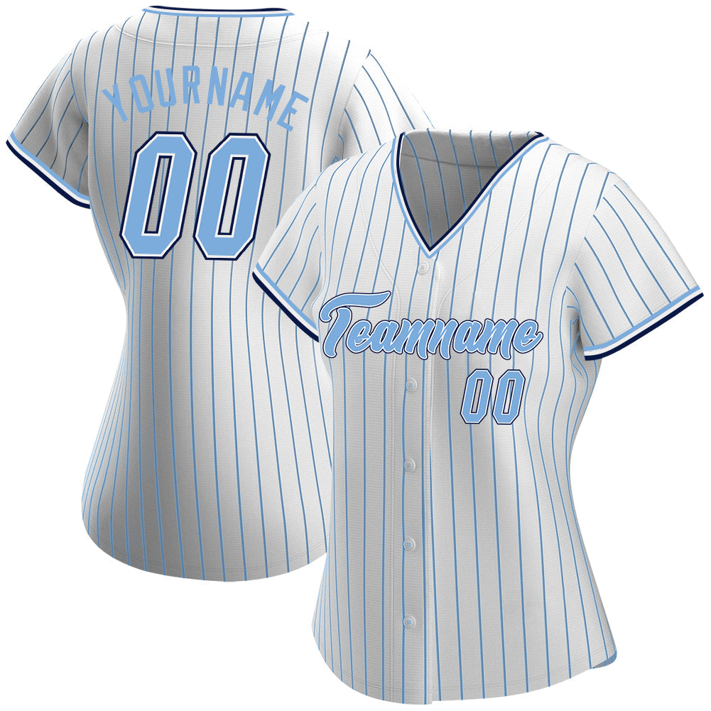 Custom White Light Blue Pinstripe Light Blue-Navy Authentic Baseball Jersey view 2