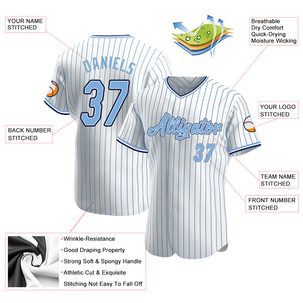 Custom White Light Blue Pinstripe Light Blue-Navy Authentic Baseball Jersey view 3