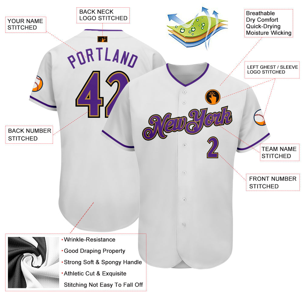 Custom White Purple-Old Gold Authentic Baseball Jersey view 3