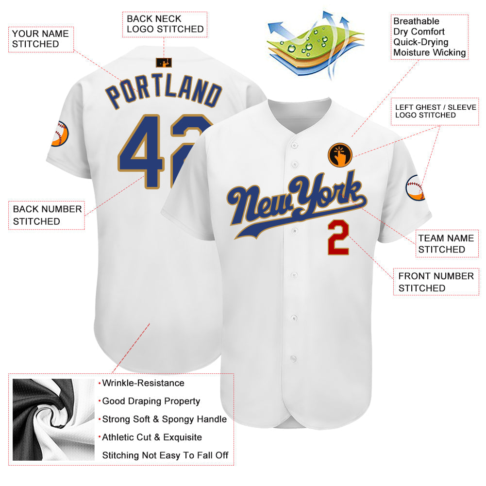 Custom White Royal-Old Gold Authentic Baseball Jersey view 3