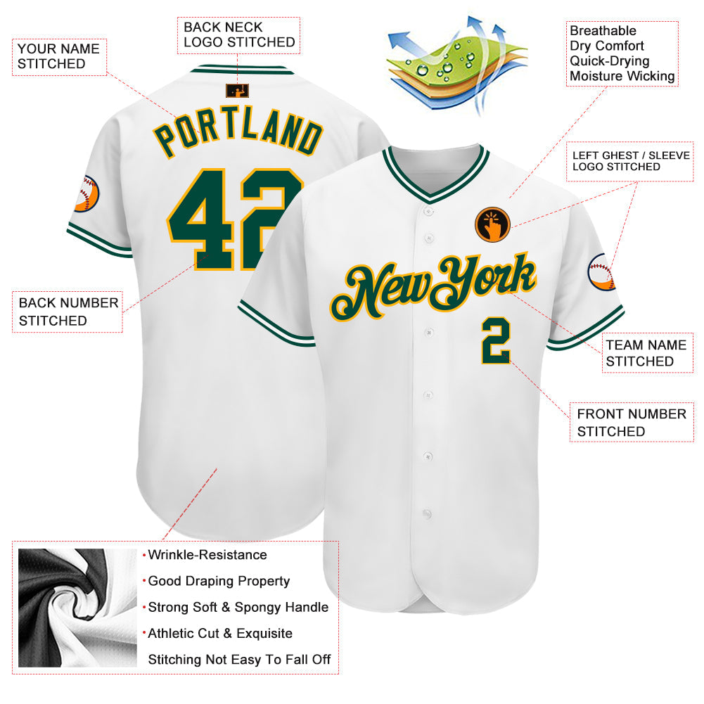 Custom White Green-Gold Authentic Baseball Jersey view 3