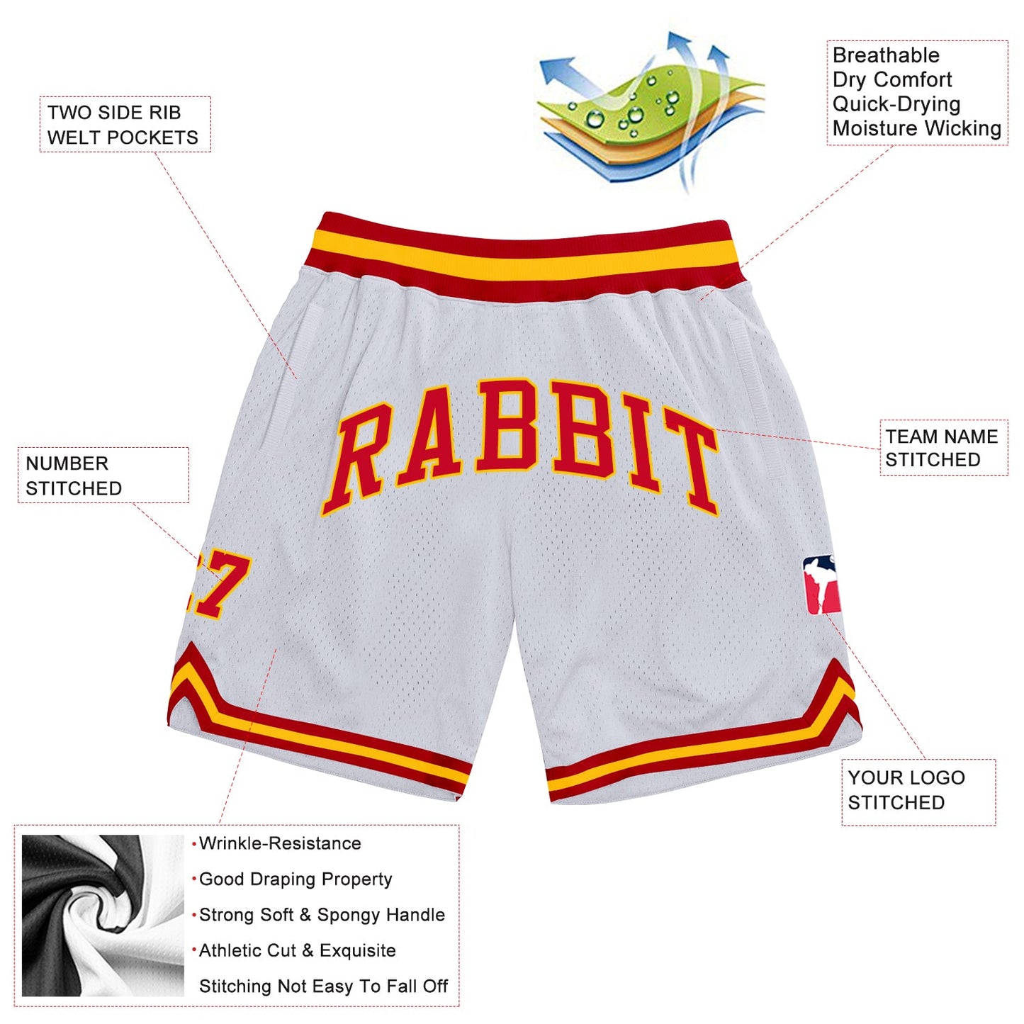 Custom White Red-Gold Authentic Throwback Basketball Shorts view 2