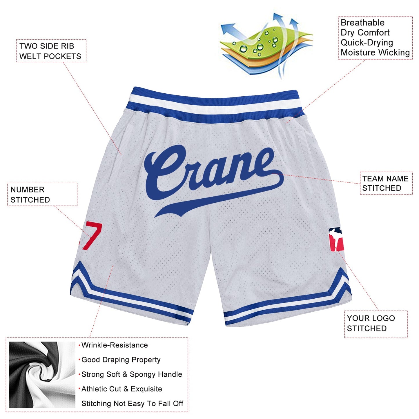 Custom White Royal-Red Authentic Throwback Basketball Shorts view 2