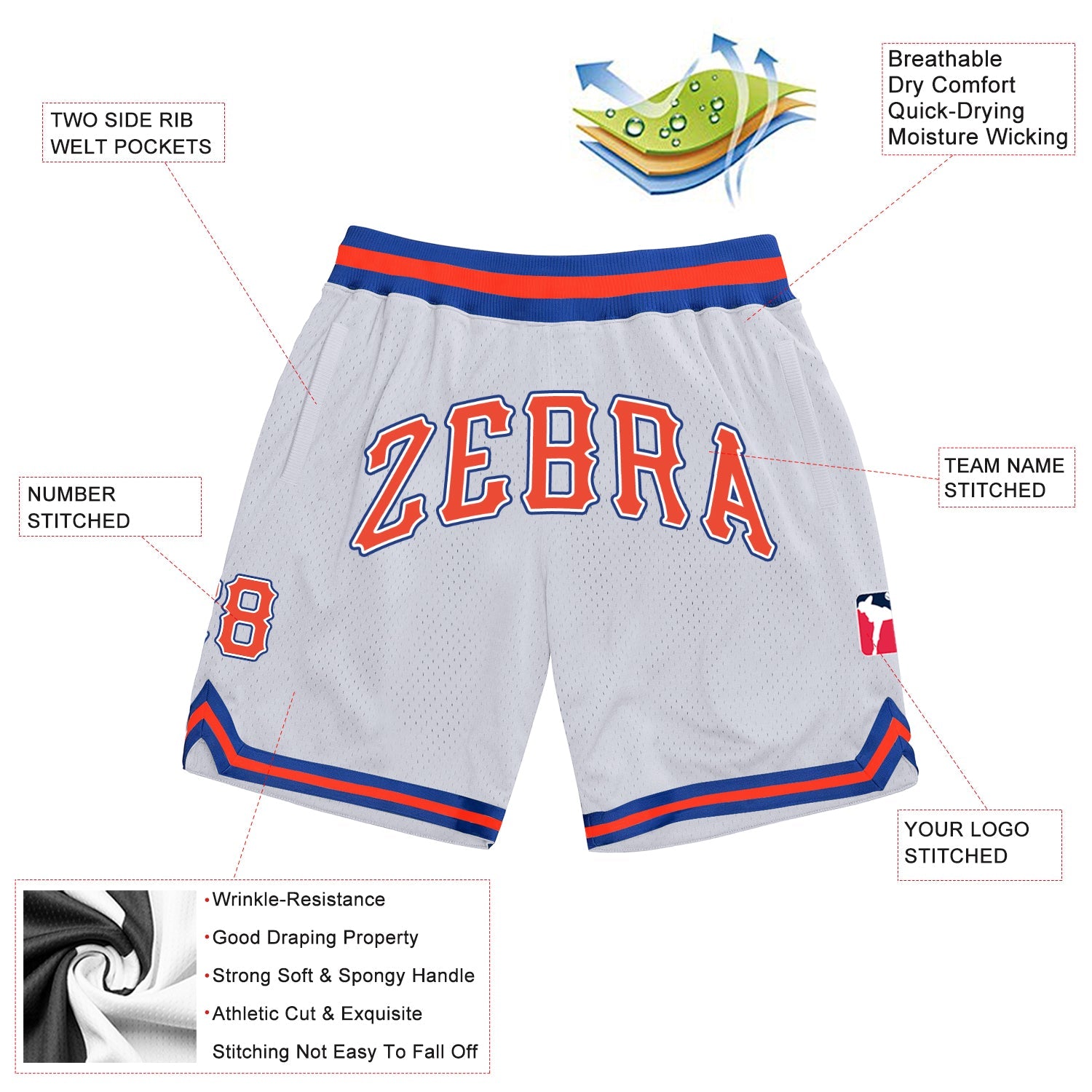 Custom White Orange-Royal Authentic Throwback Basketball Shorts view 2