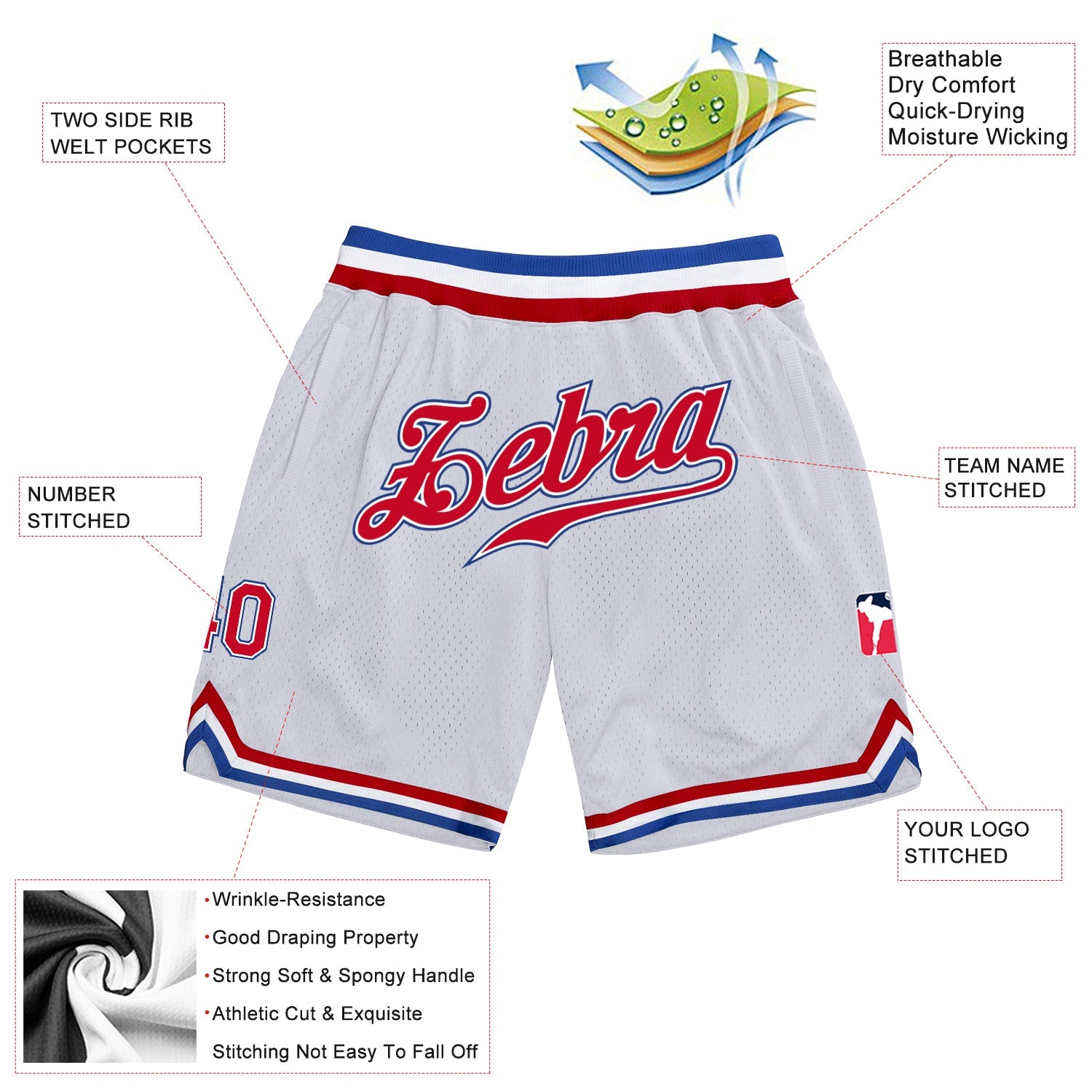 Custom White Red-Royal Authentic Throwback Basketball Shorts view 2
