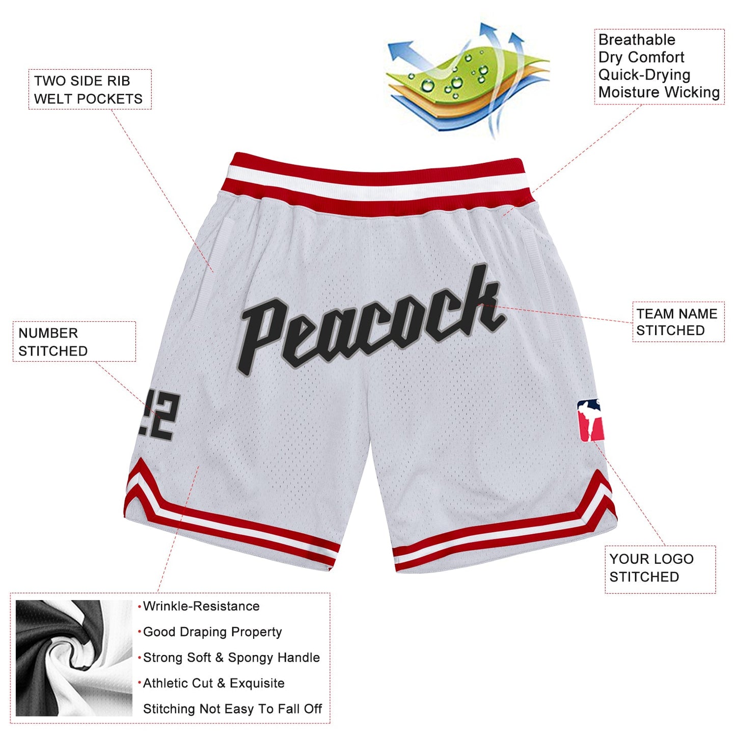Custom White Black-Red Authentic Throwback Basketball Shorts view 3