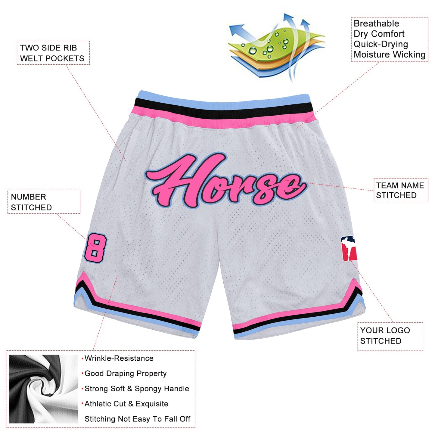 Custom White Pink-Light Blue Authentic Throwback Basketball Shorts view 2