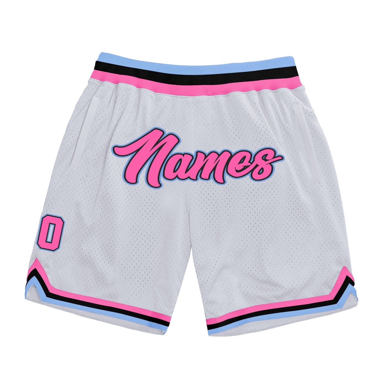 Custom White Pink-Light Blue Authentic Throwback Basketball Shorts - Main View