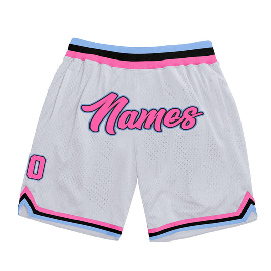 Custom White Pink-Light Blue Authentic Throwback Basketball Shorts - Main View