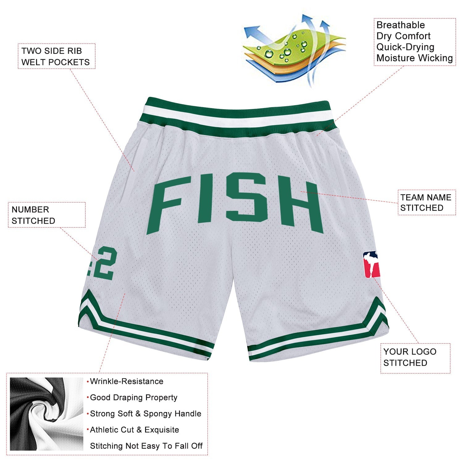 Custom White Kelly Green Authentic Throwback Basketball Shorts view 2