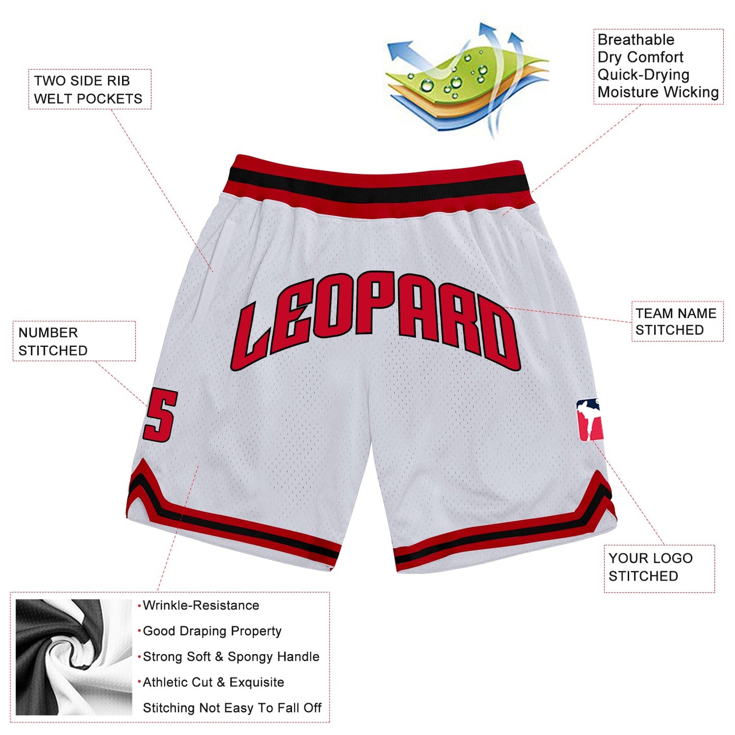 Custom White Red-Black Authentic Throwback Basketball Shorts view 2