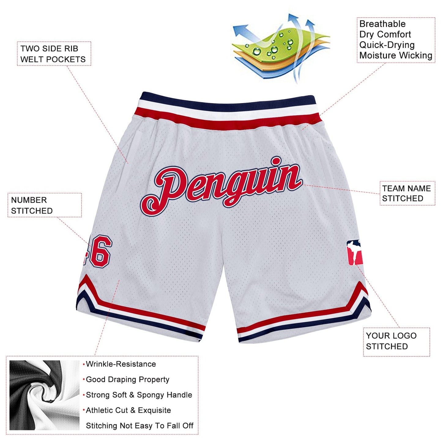 Custom White Red-Navy Authentic Throwback Basketball Shorts view 2