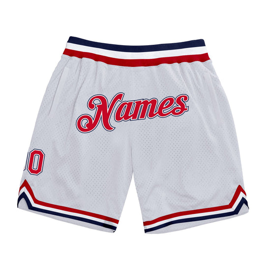 Custom White Red-Navy Authentic Throwback Basketball Shorts - Main View
