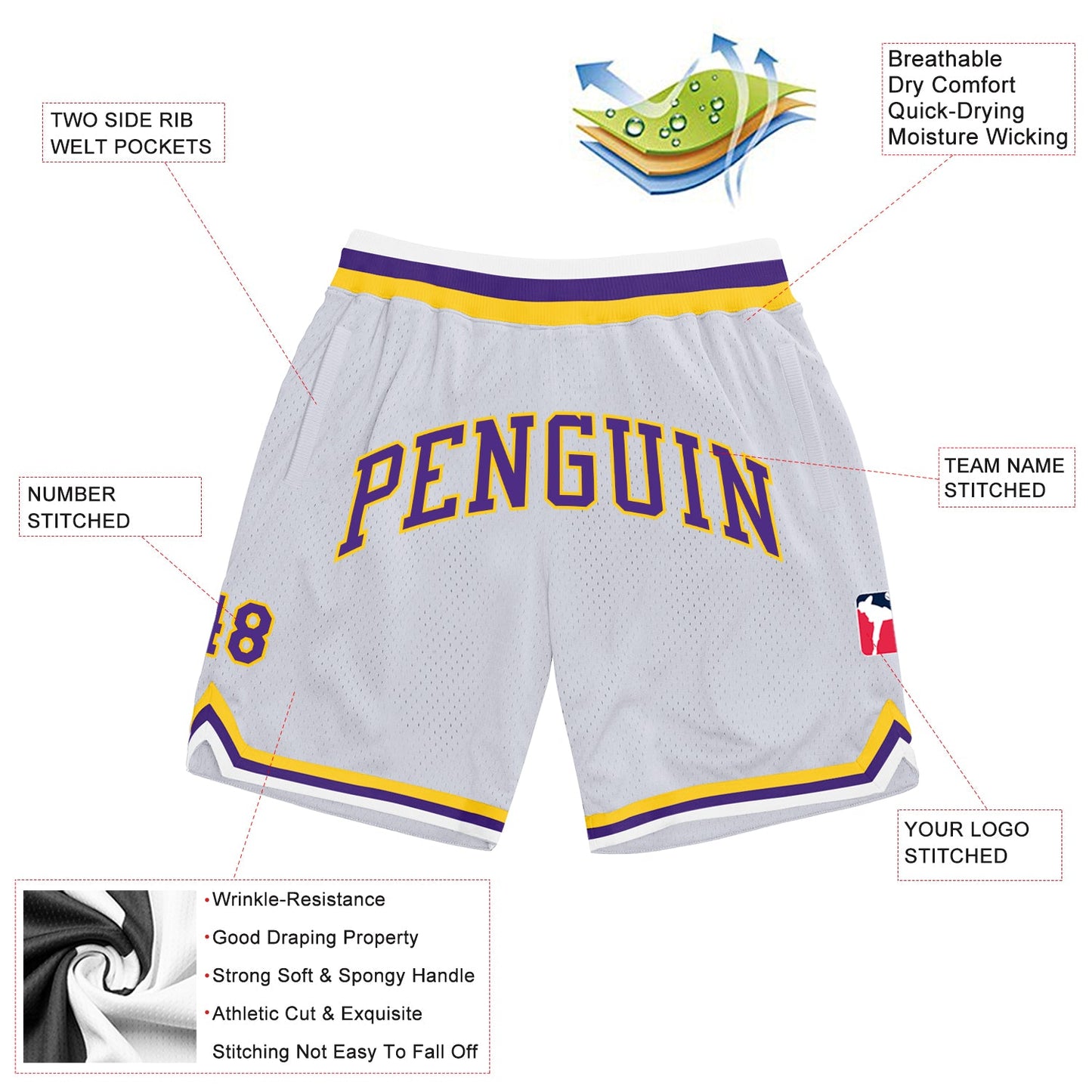 Custom White Purple-Gold Authentic Throwback Basketball Shorts view 2