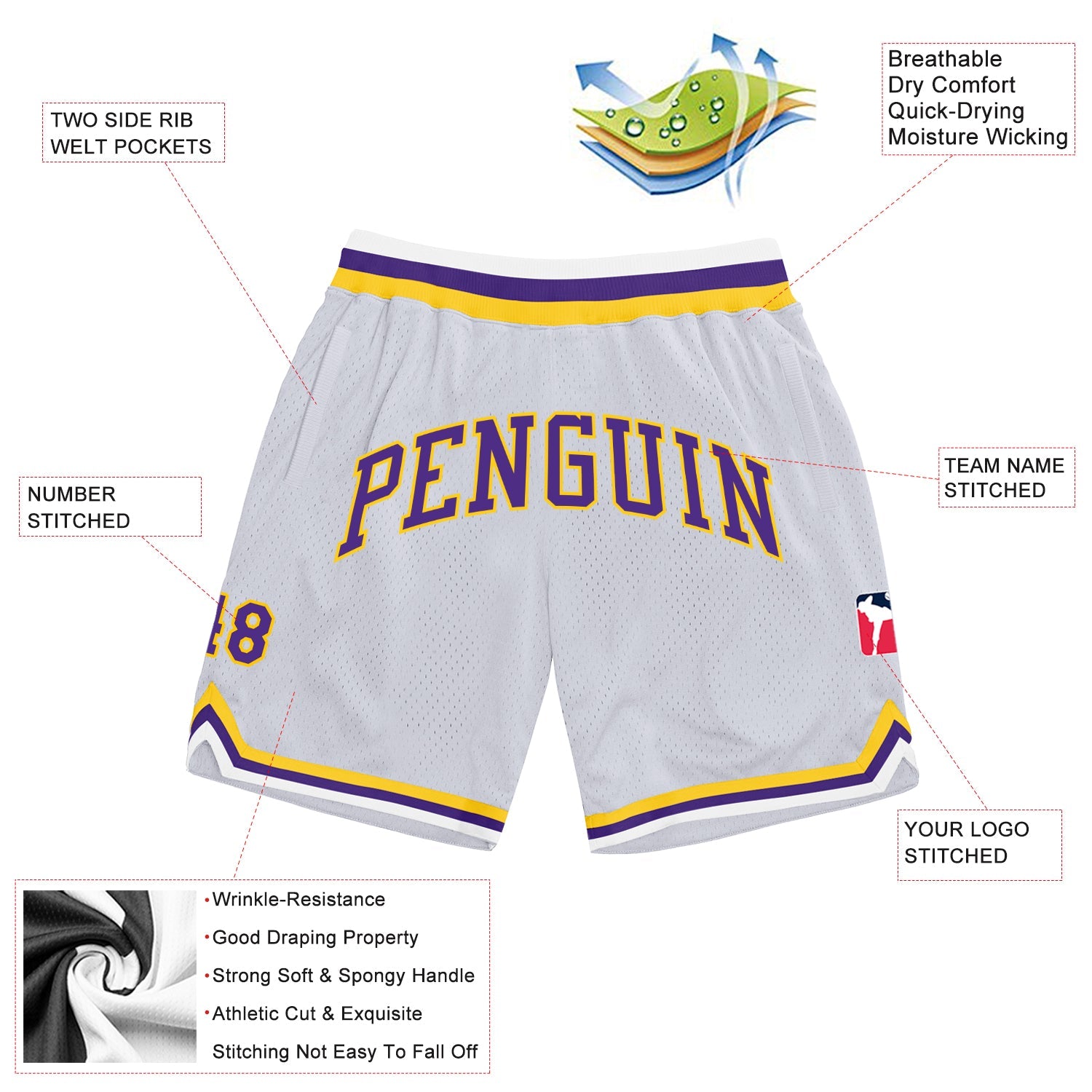 Custom White Purple-Gold Authentic Throwback Basketball Shorts view 2
